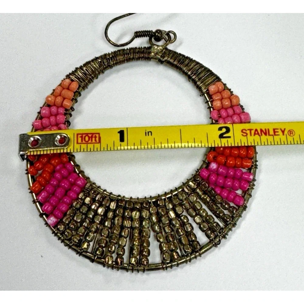 Round Microbead Dangle Circle Earrings Boho Chic Retro Kitschy Ethnic Folk Art